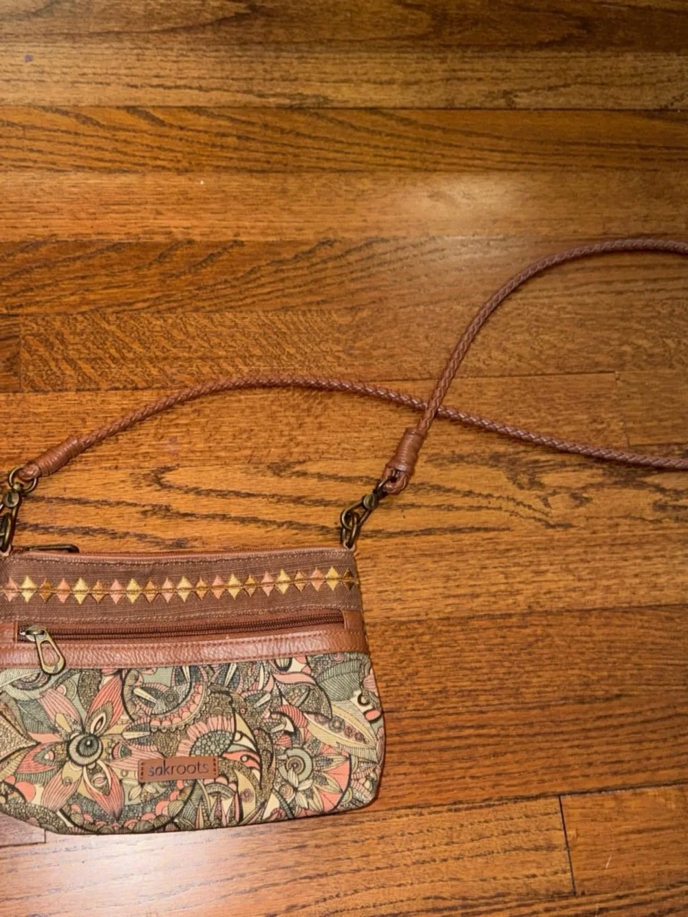 Sakroots Brown Floral Canvas Wristlet with Pink & Cream Accents